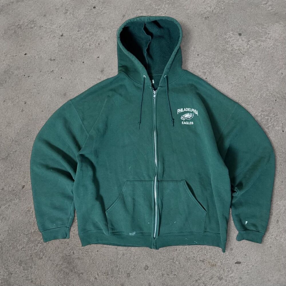 Vintage 1990’s NFL Philadelphia Eagles Green Zip Up Hoodie Paint Splatter Men XL